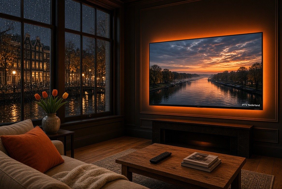 Amsterdamse grachtenwoning met tulpen en een televisie van IPTV Nederland