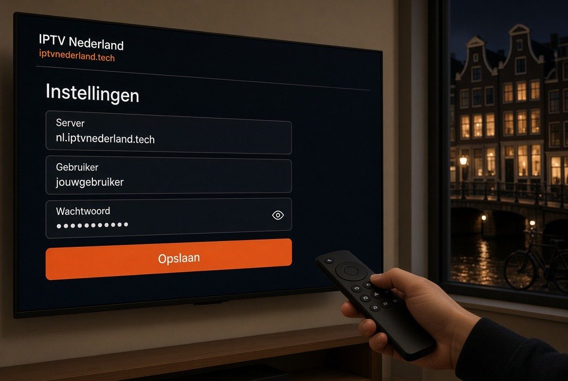 Installatie van IPTV Nederland op een smart-tv, met Amsterdamse gevels buiten