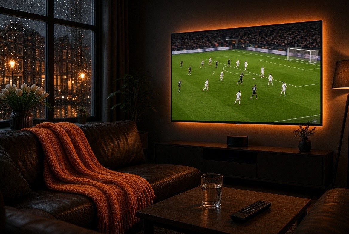 Voetbal kijken in een Nederlandse woonkamer met oranje plaid en tulpen